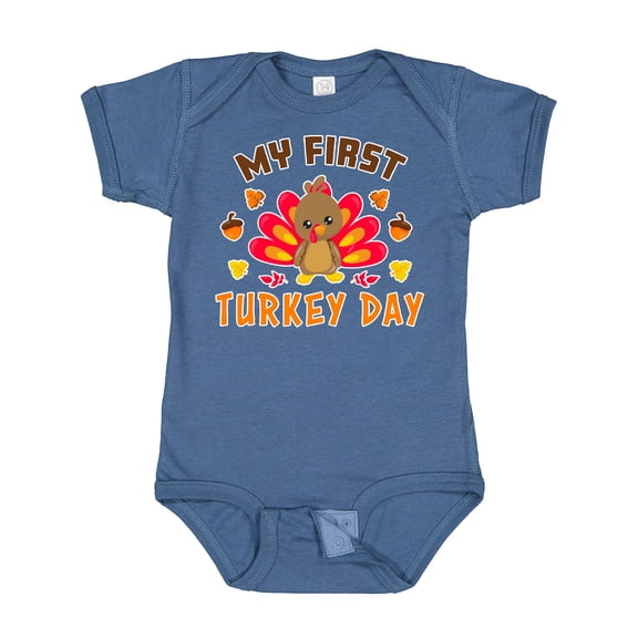 Inktastic My First Turkey Day with Turkey and Leaves Boys or Girls Baby Bodysuit