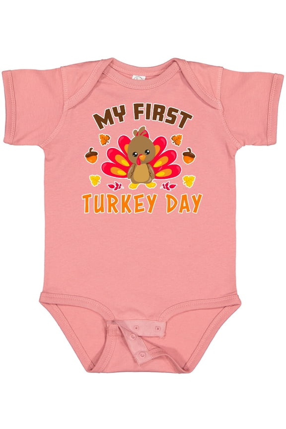My First Turkey Day with Turkey and Leaves Boys or Girls Baby Bodysuit