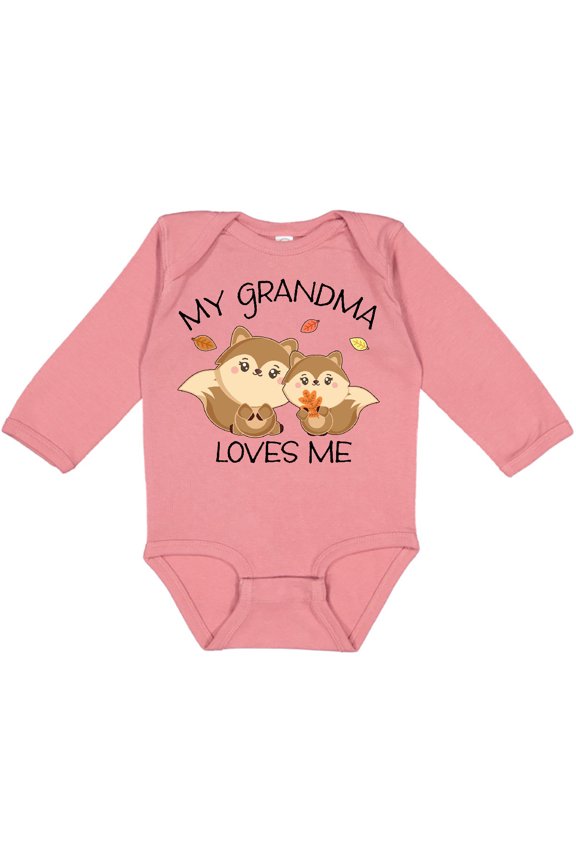 My Grandma Loves Me with Cute Squirrels in Autumn Boys or Girls Long Sleeve Baby Bodysuit