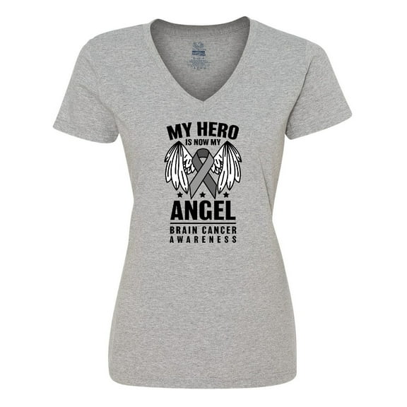 Inktastic My Hero is Now My Angel Brain Cancer Awareness Women's V-Neck T-Shirt