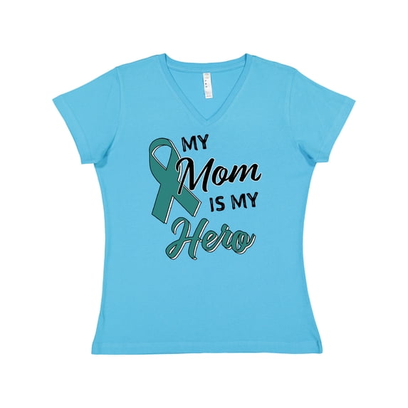 Inktastic My Mom is My Hero- Ovarian Cancer Awareness Women's V-Neck T-Shirt