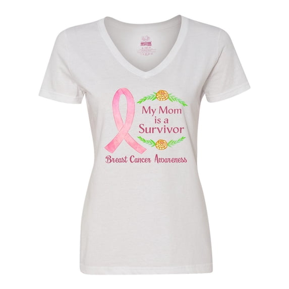 Inktastic My Mom is a Survivor Breast Cancer Awareness Women's V-Neck T-Shirt