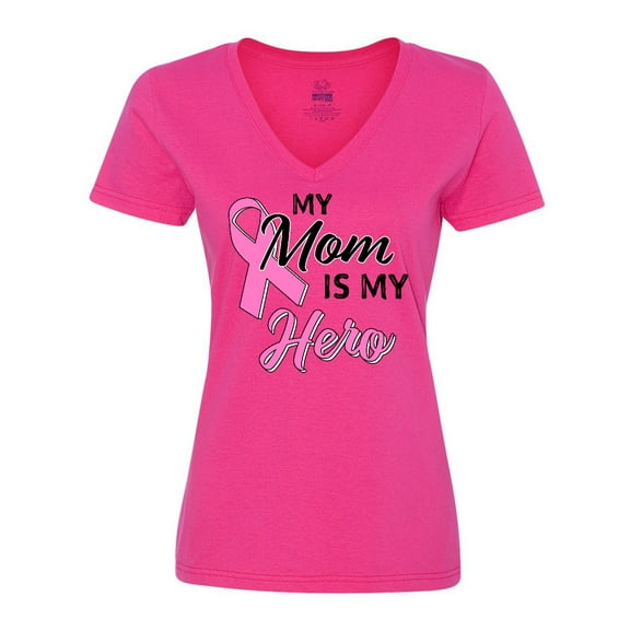 Inktastic My Mom is my Hero- Breast Cancer Awareness Women's V-Neck T-Shirt