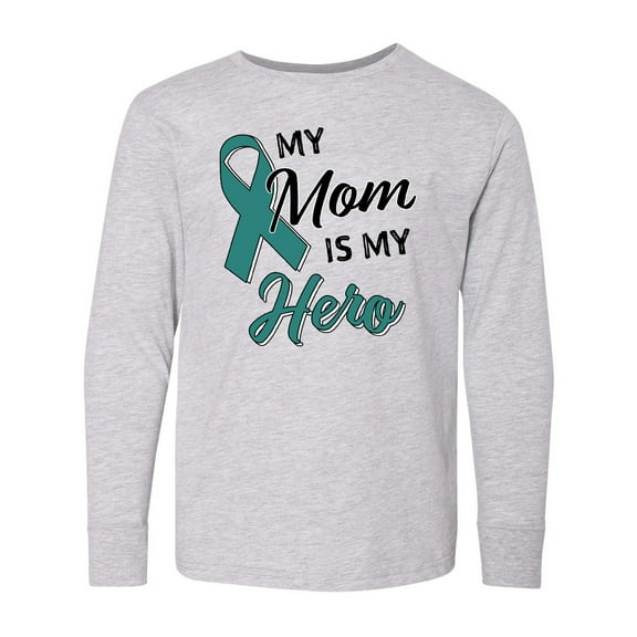 Inktastic My Mom is my Hero- Ovarian Cancer Awareness Long Sleeve Youth T-Shirt