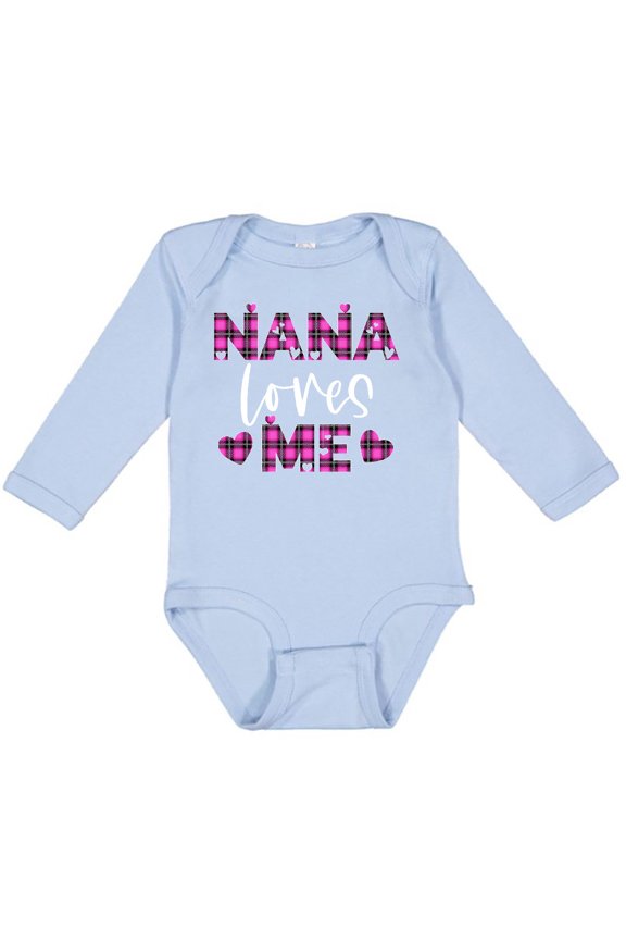 My Nana Loves Me Hearts in Pink Plaid Boys or Girls Long Sleeve Baby Bodysuit