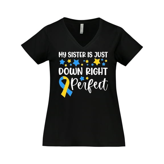 Inktastic My Sister Is Just Down Right Perfect- Down Syndrome Awareness Ribbon Women's Plus Size V-Neck T-Shirt