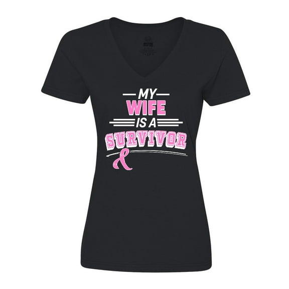 Inktastic My Wife is a Survivor Breast Cancer Awareness Women's V-Neck T-Shirt