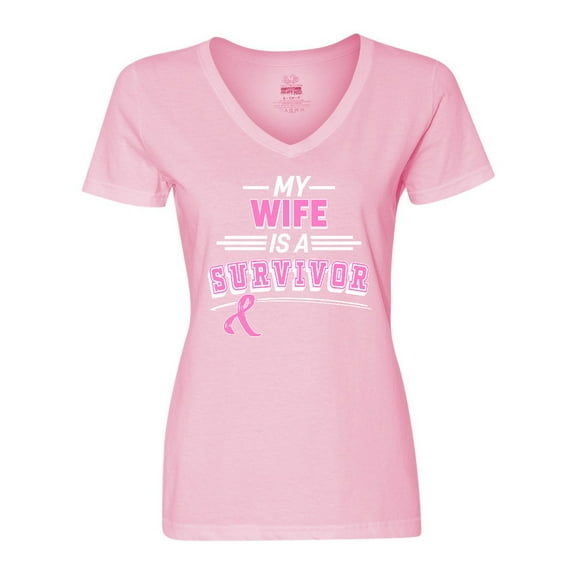 Inktastic My Wife is a Survivor Breast Cancer Awareness Women's V-Neck T-Shirt