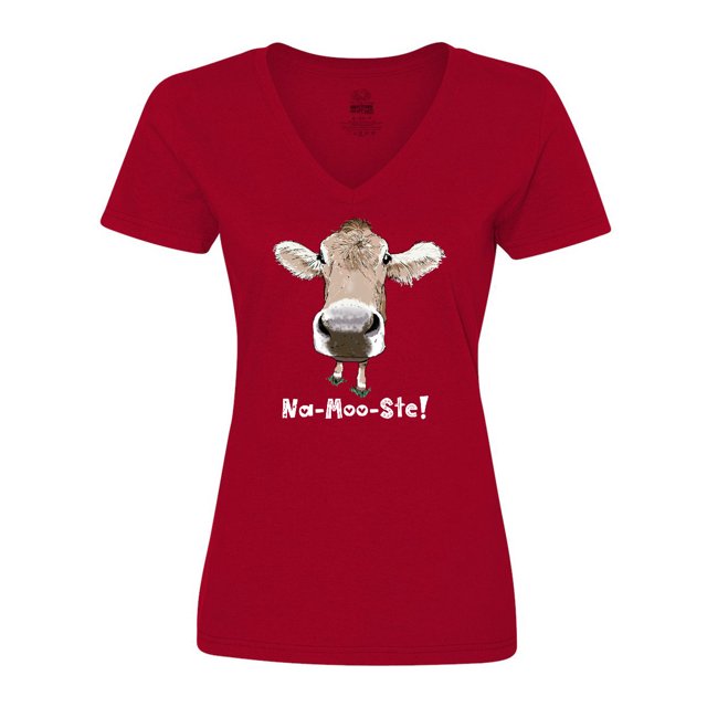 Inktastic Na-Moo-Ste! Cute Brown Holstein Cow Women's V-Neck T-Shirt ...