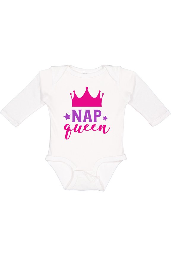 Nap Queen, Crown, Stars - Pink Purple Girls Long Sleeve Baby Bodysuit