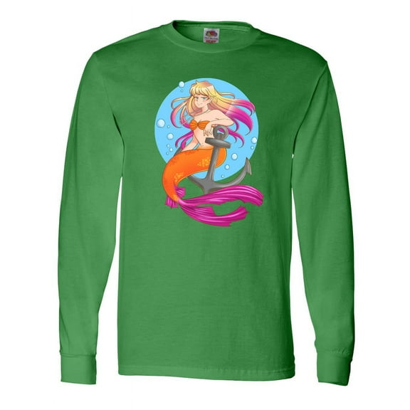 Inktastic Nautical Orange and Pink Mermaid Sitting on Anchor Long Sleeve T-Shirt
