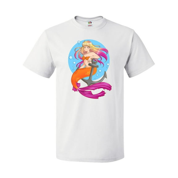 Inktastic Nautical Orange and Pink Mermaid Sitting on Anchor T-Shirt