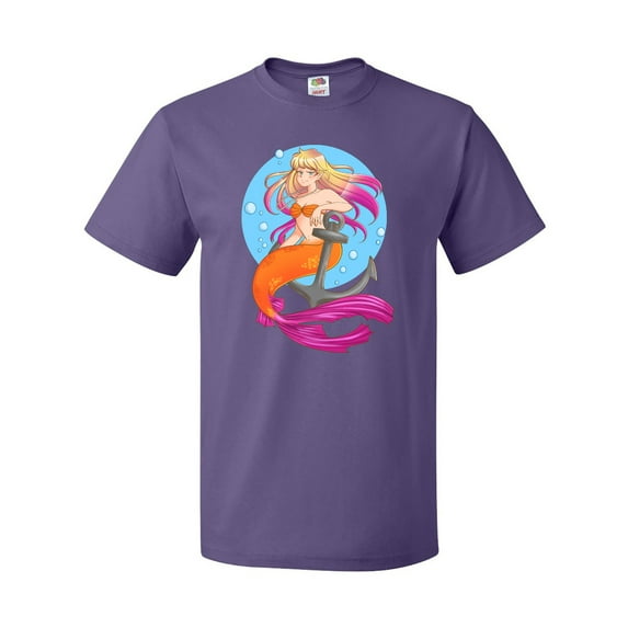 Inktastic Nautical Orange and Pink Mermaid Sitting on Anchor T-Shirt