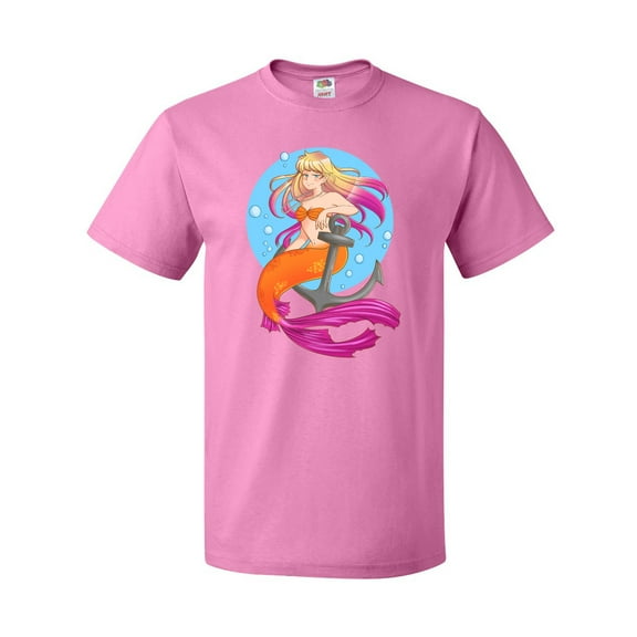 Inktastic Nautical Orange and Pink Mermaid Sitting on Anchor T-Shirt