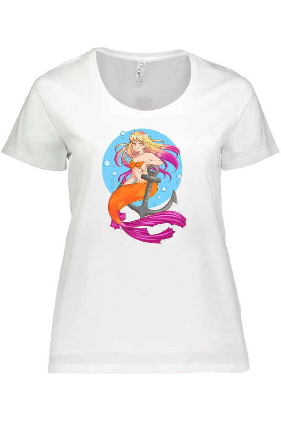 Nautical Orange and Pink Mermaid Sitting on Anchor Women's Plus Size T-Shirt