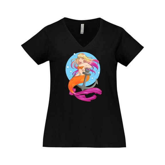 Inktastic Nautical Orange and Pink Mermaid Sitting on Anchor Women's Plus Size V-Neck T-Shirt