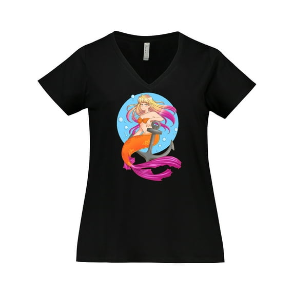 Inktastic Nautical Orange and Pink Mermaid Sitting on Anchor Women's Plus Size V-Neck T-Shirt