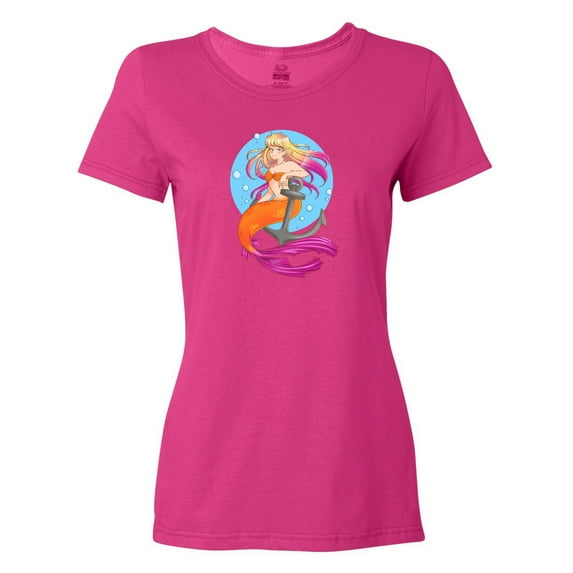 Inktastic Nautical Orange and Pink Mermaid Sitting on Anchor Women's T-Shirt