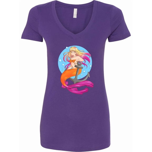 Inktastic Nautical Orange and Pink Mermaid Sitting on Anchor Women's V-Neck T-Shirt