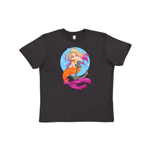 Inktastic Nautical Orange and Pink Mermaid Sitting on Anchor Youth T-Shirt
