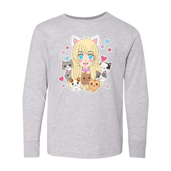 Inktastic Neko Anime Girl with Kittens Long Sleeve Youth T-Shirt