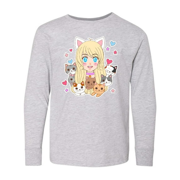 Inktastic Neko Anime Girl with Kittens Long Sleeve Youth T-Shirt