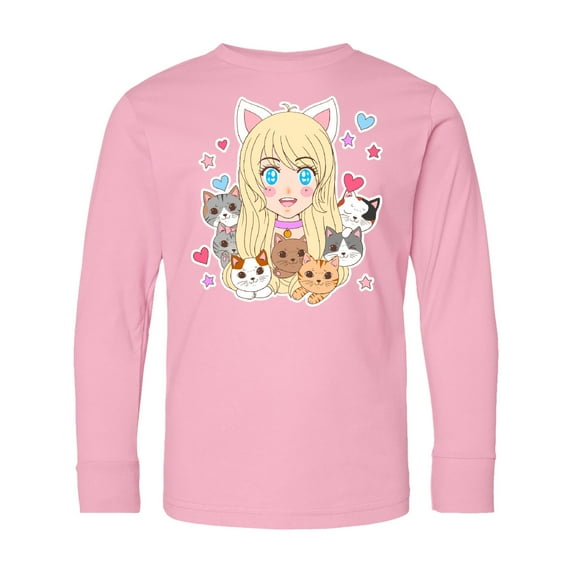 Inktastic Neko Anime Girl with Kittens Long Sleeve Youth T-Shirt