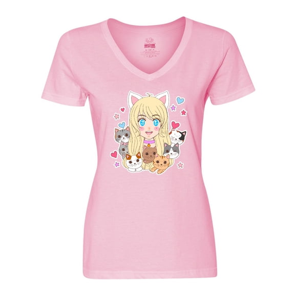 Inktastic Neko Anime Girl with Kittens Women's V-Neck T-Shirt