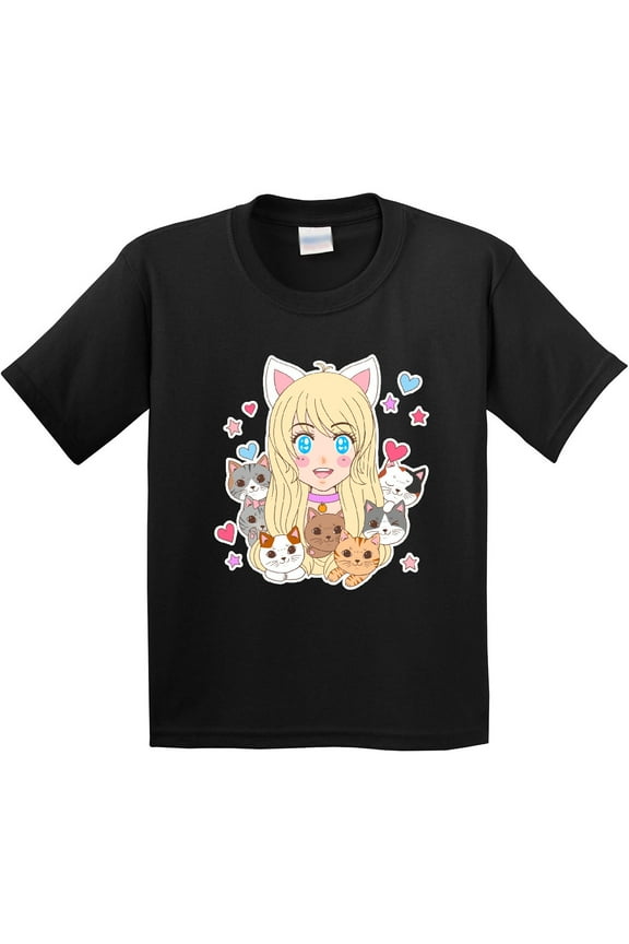 Neko Anime Girl with Kittens Youth T-Shirt