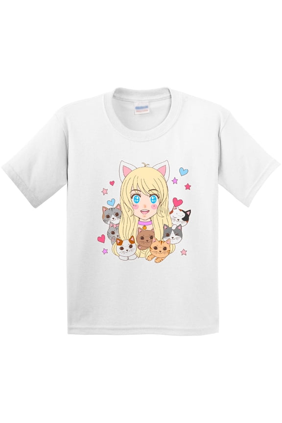 Neko Anime Girl with Kittens Youth T-Shirt