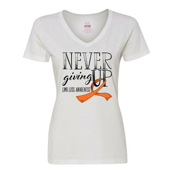 Inktastic Never Giving Up Limb Loss Awareness Orange Ribbon Women's V-Neck T-Shirt
