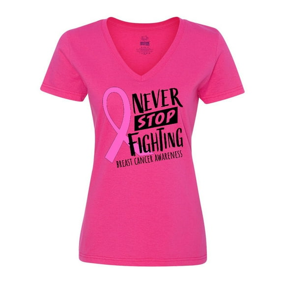 Inktastic Never Stop Fighting Breast Cancer Awareness Women's V-Neck T-Shirt