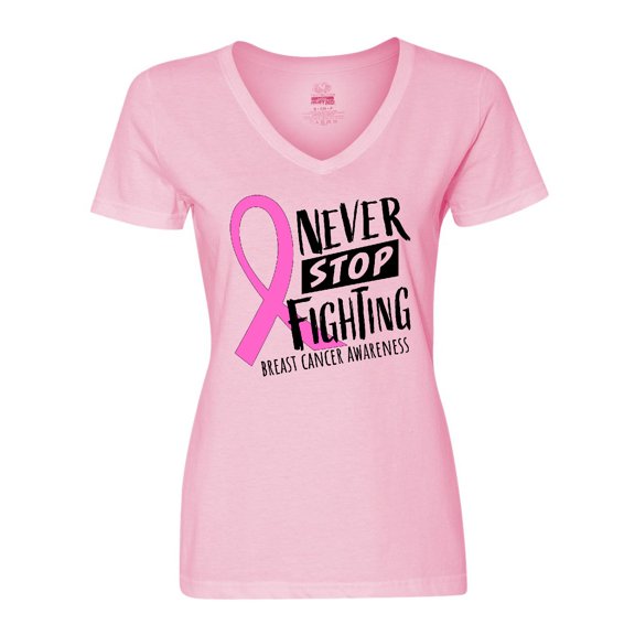 Inktastic Never Stop Fighting Breast Cancer Awareness Women's V-Neck T-Shirt