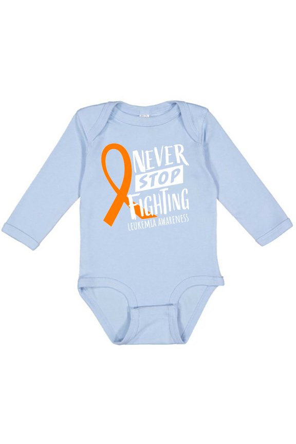 Never Stop Fighting Leukemia Awareness Orange Ribbon Boys or Girls Long Sleeve Baby Bodysuit