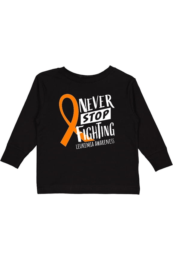 Never Stop Fighting Leukemia Awareness Orange Ribbon Boys or Girls Long Sleeve Toddler T-Shirt