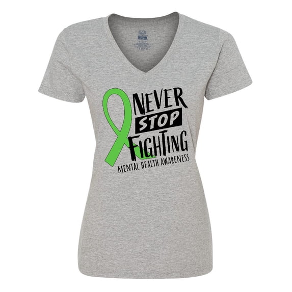 Inktastic Never Stop Fighting Mental Health Awareness Green Ribbon Women's V-Neck T-Shirt
