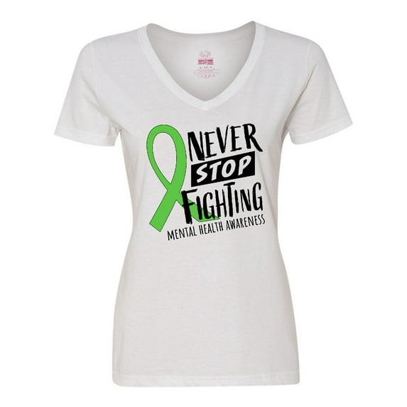 Inktastic Never Stop Fighting Mental Health Awareness Green Ribbon Women's V-Neck T-Shirt