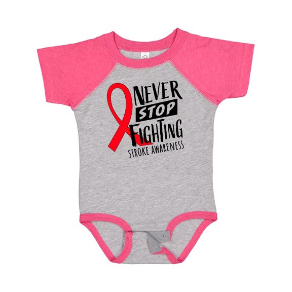 Inktastic Never Stop Fighting Stroke Awareness Red Ribbon Boys or Girls Baby Bodysuit