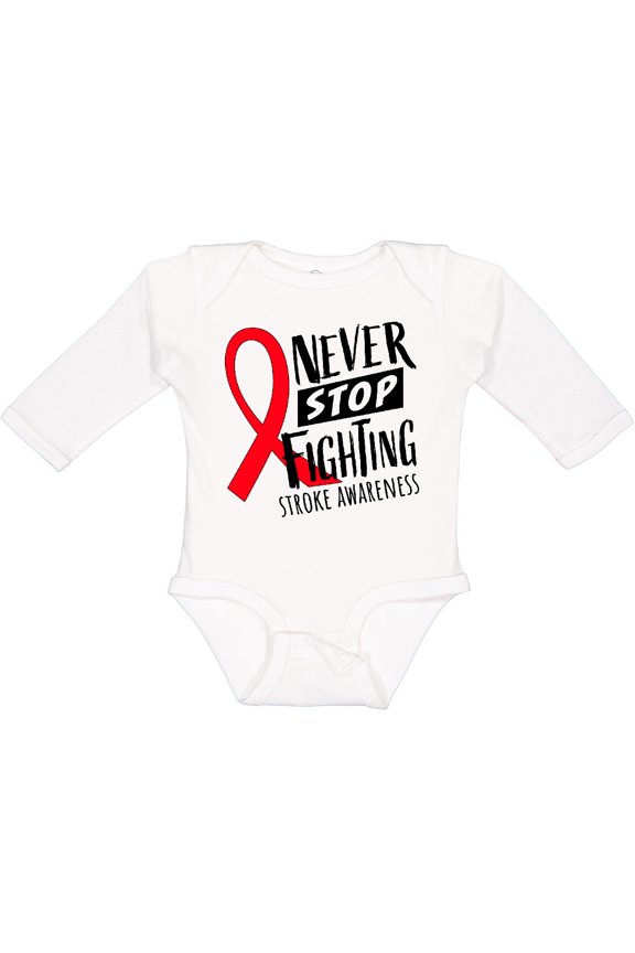 Never Stop Fighting Stroke Awareness Red Ribbon Boys or Girls Long Sleeve Baby Bodysuit