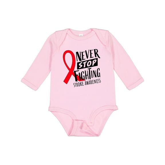 Inktastic Never Stop Fighting Stroke Awareness Red Ribbon Boys or Girls Long Sleeve Baby Bodysuit