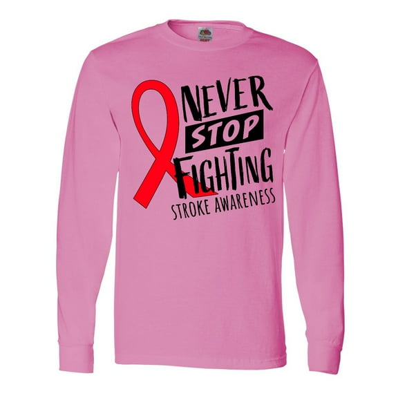 Inktastic Never Stop Fighting Stroke Awareness Red Ribbon Long Sleeve T-Shirt
