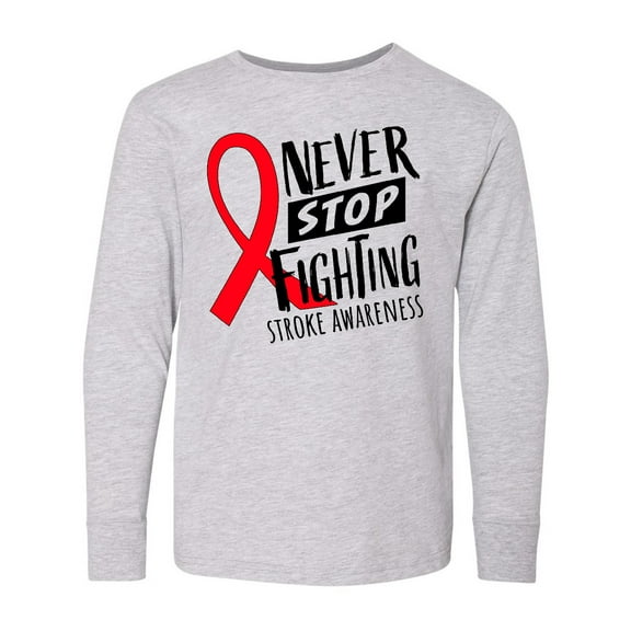 Inktastic Never Stop Fighting Stroke Awareness Red Ribbon Long Sleeve Youth T-Shirt