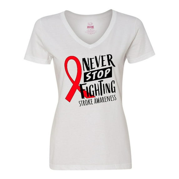 Inktastic Never Stop Fighting Stroke Awareness Red Ribbon Women's V-Neck T-Shirt