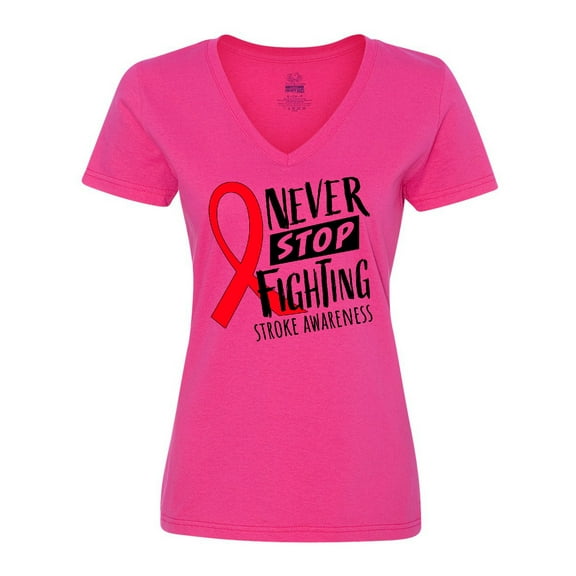Inktastic Never Stop Fighting Stroke Awareness Red Ribbon Women's V-Neck T-Shirt