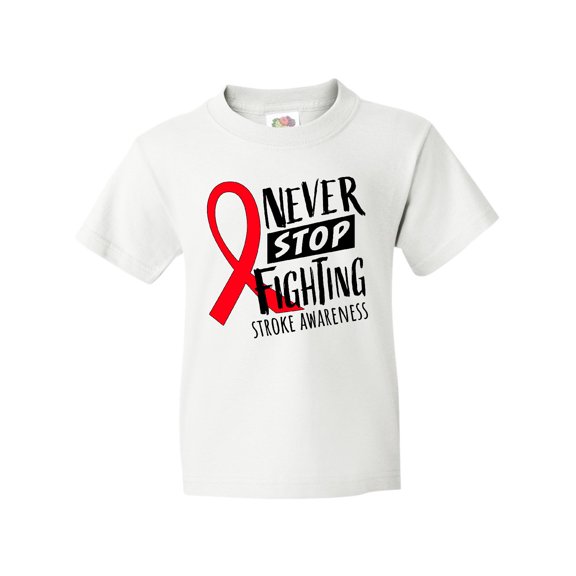 Inktastic Never Stop Fighting Stroke Awareness Red Ribbon Youth T-Shirt