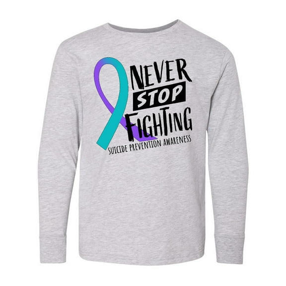 Inktastic Never Stop Fighting Suicide Prevention Awareness Ribbon Long Sleeve Youth T-Shirt