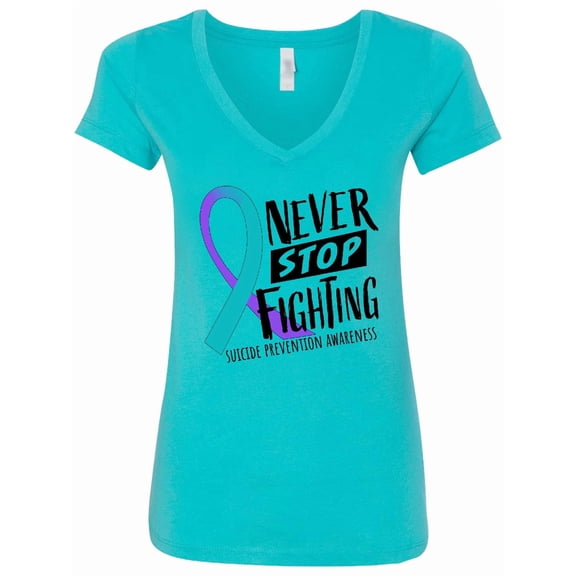 Inktastic Never Stop Fighting Suicide Prevention Awareness Ribbon Women's V-Neck T-Shirt