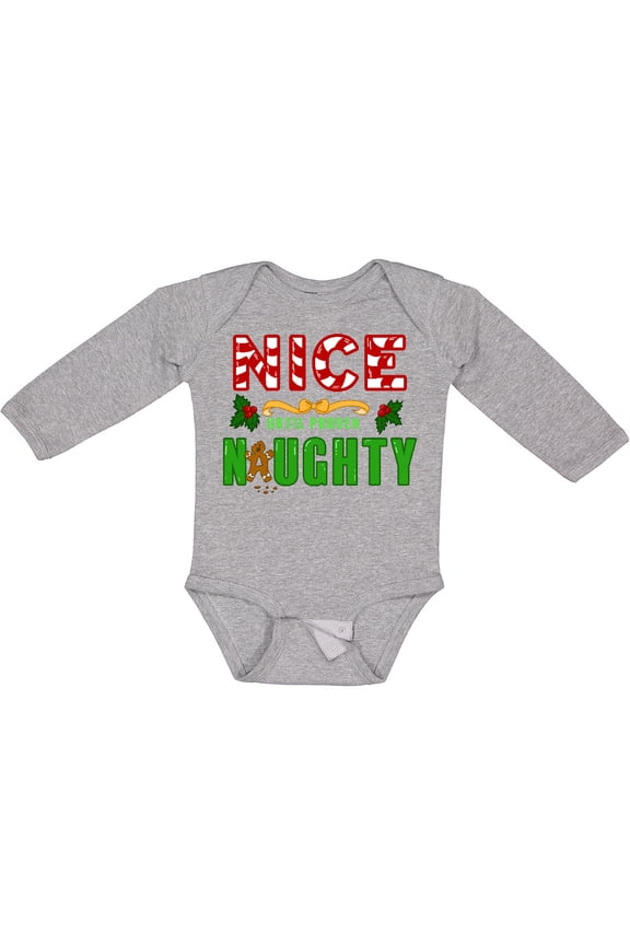 Nice Until Proven Naughty with Holly and Gingerbread Man Boys or Girls Long Sleeve Baby Bodysuit