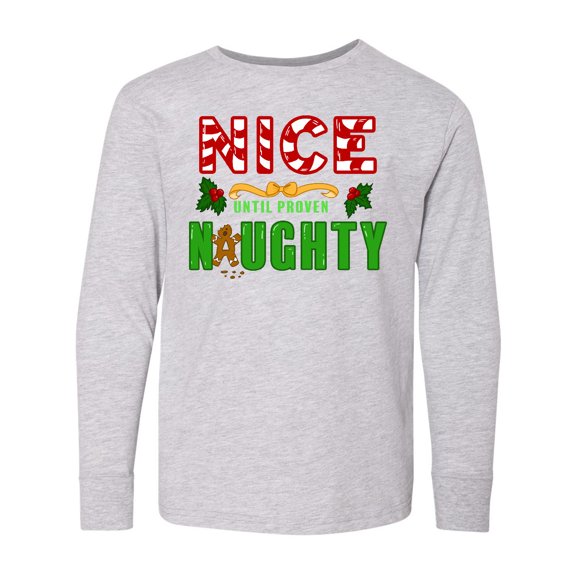 Inktastic Nice Until Proven Naughty with Holly and Gingerbread Man Long Sleeve Youth T-Shirt