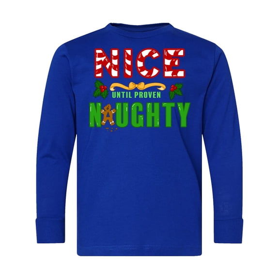 Inktastic Nice Until Proven Naughty with Holly and Gingerbread Man Long Sleeve Youth T-Shirt